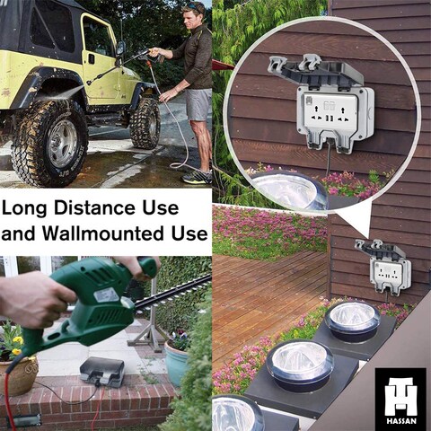 Hassan IP66 Waterproof (10 Meter (33ft) Cable Outdoor Extension Socket with Dual USB Ports - Universal 13A 250V Power Outlet for All Weather Conditions