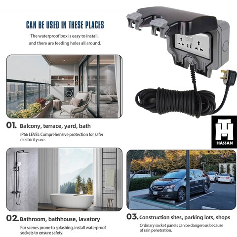 Hassan IP66 Waterproof (10 Meter (33ft) Cable Outdoor Extension Socket with Dual USB Ports - Universal 13A 250V Power Outlet for All Weather Conditions