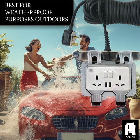 Hassan IP66 Waterproof (10 Meter (33ft) Cable Outdoor Extension Socket with Dual USB Ports - Universal 13A 250V Power Outlet for All Weather Conditions