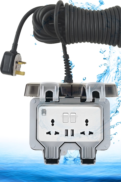 Hassan IP66 Waterproof (10 Meter (33ft) Cable Outdoor Extension Socket with Dual USB Ports - Universal 13A 250V Power Outlet for All Weather Conditions