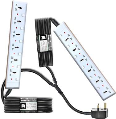 Hassan Dual-Ended Heavy-Duty Extension Cord, 6 Universal Sockets, 1.5m, 13A 3000W