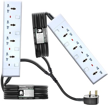 Hassan 4 Sockets, 3m (10ft) &times;2 Dual-Ended Heavy-Duty Extension Cord &ndash; 13A / 3000W, Universal Multi-Prong Socket, One Plug Two Sides, Perfect for Living Room, Office &amp; Kitchen