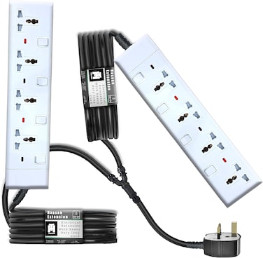 هاسان 4 مقابس، 10 أمتار (33 قدم) ×2 سلك تمديد ثنائي الطرف شديد التحمل – 13 أمبير / 3000 واط، مقبس متعدد الأوضاع العالمي، قابس واحد طرفان، مثالي للغرف الكبيرة والمكاتب والاستخدام الخارجي