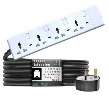 Hassan Heavy Duty Extension Board with Universal Sockets Long Cable Options 4 socket 3 meter ,13A Max 3000W 220-240V, Durable Power Strip for Home, Office Work Place