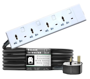 Hassan Heavy Duty Extension Board with Universal Sockets Long Cable Options 4 socket 10 meter ,13A Max 3000W 220-240V, Durable Power Strip for Home, Office Work Place