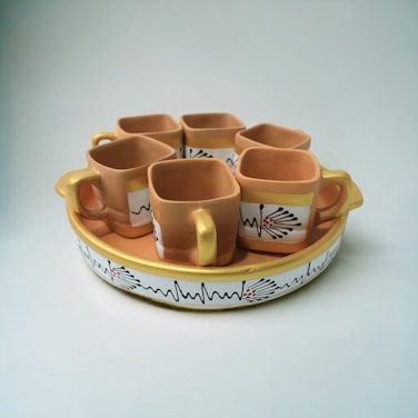 ARK Naturals Terrapura Pure Clay Handmade Handpainted Organic Tea and Coffee Set of 6 Square Mugs and a Tray, Mugs 6x100 ml each.
