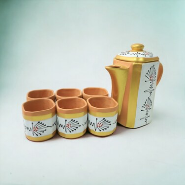 ARK Naturals Terrapura Pure Clay Handmade Hand Painted Organic Pitcher Set with 6 Glasses. Glasses 150 ml each x 6, Pitcher 750 ml