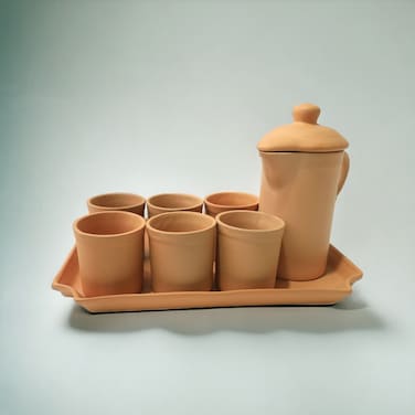 ARK Naturals Terrapura Pure Clay Handmade Organic Pitcher set with 6 Glass Tumblers and a Tray. Glass 260 ml x 6, Pitcher 900 ml