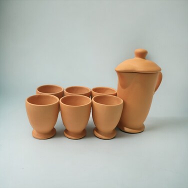 ARK Naturals Terrapura Pure Clay Handmade Organic Clay Pitcher with 6 Goblet Glasses. Glass 200 ml x 6, Pitcher 900 ml