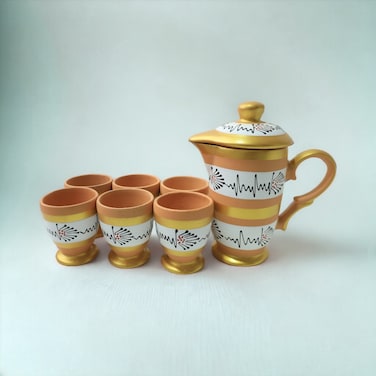 ARK Naturals Terrapura Pure Clay Handmade Hand Painted Organic Clay Pitcher with 6 Goblet Glasses. Glass 200 ml x 6, Pitcher 900 ml