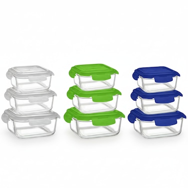Borosil 3-Piece Square Glass Food Storage Set Assorted Airtight Lids - (320ml, 520ml, 800ml), 12DSPL13 - ASSORTED