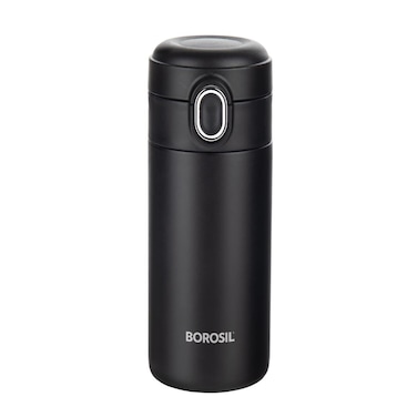 Borosil Traveller Mug &ndash; Stainless Steel, Double Wall Insulated, Spill-Proof Lid, Ideal for Hot &amp; Cold Beverages, Travel &amp; Office Use, BT300BLK126