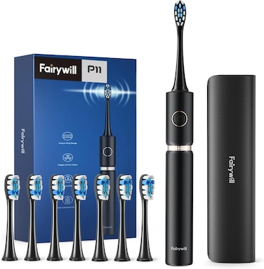 Fairy Will P11 Sonic Electric Toothbrush with 8 Brush Heads and Travel Case, Black
