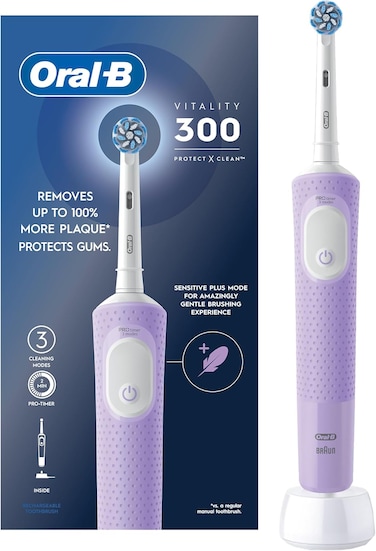 Oral B Vitality 300 Rechargeable Toothbrush with CrossAction Brush Head, 3 Cleaning Modes &amp; 2 Minutes Built-in Timer D103.413.3 Lilac
