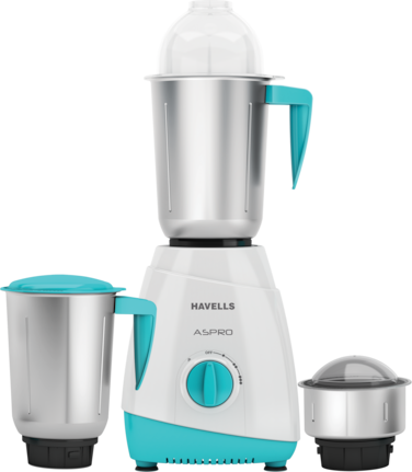 Havells 500W Aspro Neo Mixer Grinderwith 1.5L Liquidizing Jar, 1.5L Wet and Dry Jar, 0.4L Chutney Jar, White and Blue