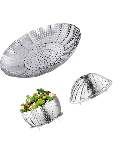 Duomama Stainless Steel Vegetable Steamer Basket - Expandable, Collapsible, Fits 5.3" to 8.6" Pots - Easy Cooking, Healthy Meals, Convenient Storage - Metal Steaming Insert for Veggies