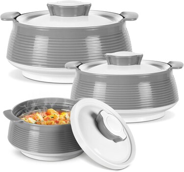 MILTON 3-Piece Casserole Set (850ml, 1.35L, 1.85L) Double-Walled Hotpot with PU Insulation &amp; Stainless Steel Inner, Keeps Food Hot/Cold, Perfect for Serving Chapati, Roti &amp; Mandi - Venice Reg - Grey