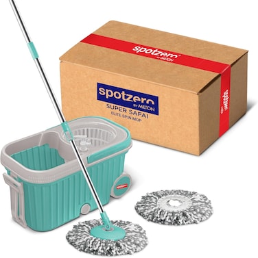 Spotzero by MILTON Spin Mop and Bucket with 2 Microfiber Refill, Liquid Dispenser, Wringer Set - Extendable Handle 360&deg; Spinning Mop for Floor Cleaning, ممسحة ارضيات - Elite - Aqua Green