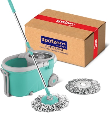 Spotzero by MILTON Spin Mop and Bucket with 2 Microfiber Refill, Liquid Dispenser, Wringer Set - Extendable Handle 360&deg; Spinning Mop for Floor Cleaning, ممسحة ارضيات - Royale - Aqua Green