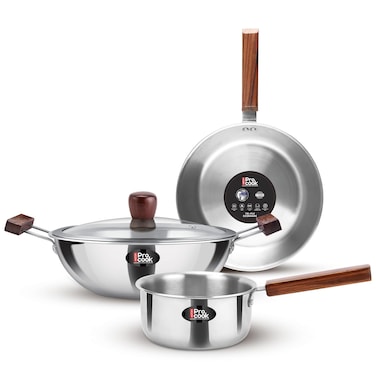 Milton Procook Triply Stainless Steel 4 Pc Cookware Set, Tea Pan 16cm, Fry Pan 22cm, Wok/Kadai with Lid 24cm, Wooden Handle, Induction &amp; Gas Ready, Even &amp; Fast Heating