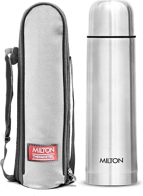 MILTON 500ml Thermosteel Flask with Jacket, Keeps Drinks Hot and Cold for 24 Hours, 18/8 Stainless Steel, Double-Walled Vacuum Insulated Water Bottle with Inner Copper Coating - Plain Lid - Silver