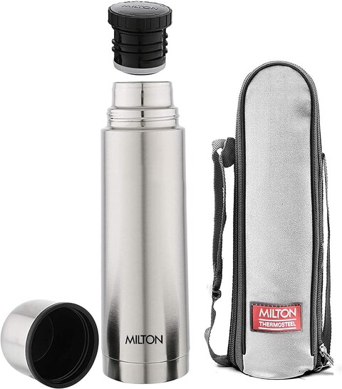 MILTON 500ml Thermosteel Flask with Jacket, Keeps Drinks Hot and Cold for 24 Hours, 18/8 Stainless Steel, Double-Walled Vacuum Insulated Water Bottle with Inner Copper Coating - Plain Lid - Silver