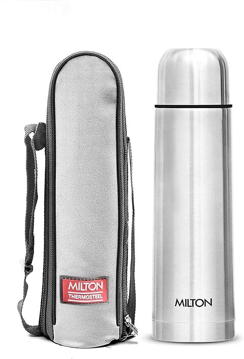MILTON 1000ml Thermosteel Flask with Jacket, Keeps Drinks Hot and Cold for 24 Hours, 18/8 Stainless Steel, Double-Walled Vacuum Insulated Water Bottle with Inner Copper Coating - Plain Lid - Silver