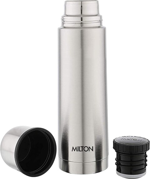 MILTON 1000ml Thermosteel Flask with Jacket, Keeps Drinks Hot and Cold for 24 Hours, 18/8 Stainless Steel, Double-Walled Vacuum Insulated Water Bottle with Inner Copper Coating - Plain Lid - Silver