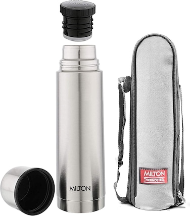 MILTON 1000ml Thermosteel Flask with Jacket, Keeps Drinks Hot and Cold for 24 Hours, 18/8 Stainless Steel, Double-Walled Vacuum Insulated Water Bottle with Inner Copper Coating - Plain Lid - Silver