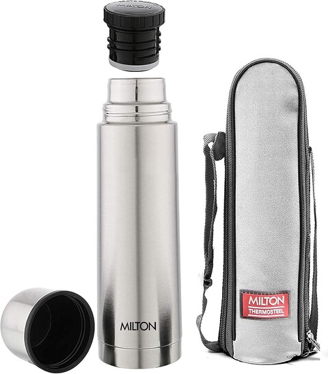 MILTON 1000ml Thermosteel Flask with Jacket, Keeps Drinks Hot and Cold for 24 Hours, 18/8 Stainless Steel, Double-Walled Vacuum Insulated Water Bottle with Inner Copper Coating - Plain Lid - Silver