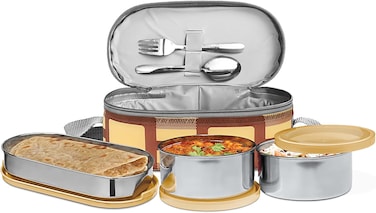 MILTON 6-Piece Lunch Box Set with Insulated Bag &amp; Cutlery Includes Containers (472ml, 2pcs of 280ml), Keeps Food Hot, 304 Stainless Steel, Ideal for Office &amp; School Tiffin - Corporate - Yellow