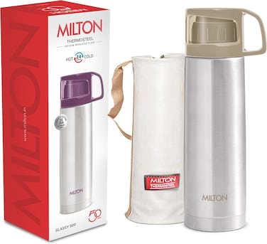 Milton 500ml Thermosteel Flask With Jacket, Keeps Drinks Hot and Cold for 24 Hours, 18/8 Stainless Steel, Double-Walled Vacuum Insulated Water Bottle With Inner Copper Coating - Glassy - Grey