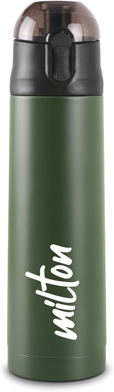 MILTON 750ml Vacuum Insulated Water Bottle with One Touch Safety Lock, Stainless Steel, Keeps Drinks Hot and Cold for 24 Hours, Double-Walled Thermos Flask with Inner Copper Coating - Crown - Green