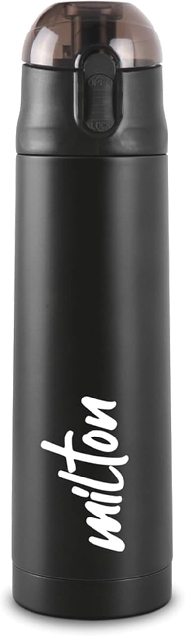 MILTON 750ml Vacuum Insulated Water Bottle with One Touch Safety Lock, Stainless Steel, Keeps Drinks Hot and Cold for 24 Hours, Double-Walled Thermos Flask with Inner Copper Coating - Crown - Black