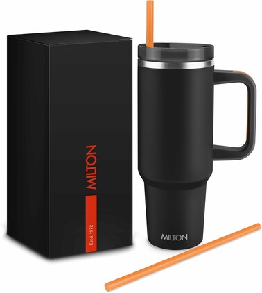 Milton 300ml Vacuum Insulated Travel Coffee Mug With Strainer &amp; Lid, Keeps Drinks Hot &amp; Cold, 18/8 Stainless Steel Tumbler, Double-Walled Thermos Flask With Inner Copper Coating For Cappuccino - Black