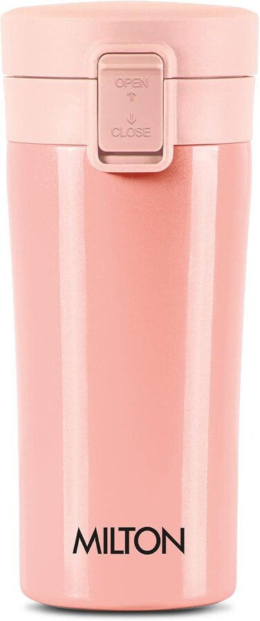 MILTON 350ml Vacuum Insulated Travel Coffee Mug with Strainer &amp; Lid, Keeps Drinks Hot &amp; Cold, 18/8 Stainless Steel Tumbler, Double-Walled Thermos Flask with Inner Copper Coating for Cappuccino - Peach