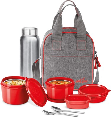 MILTON 8-Piece Lunch Box Set with Insulated Bag &amp; Cutlery - Includes 3 Microwave Safe Inner Steel Food Containers (180ml, 320ml, 450ml), 100ml Plastic Box, 750ml Bottle, Office Tiffin- Savor - Red