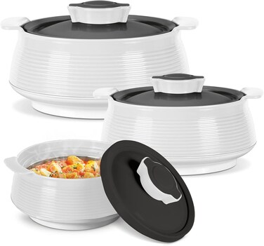 Milton Venice Regular Insulated Inner Stainless Steel Casserole, Set of 3, (850 ml, 1.35 Litres, 1.85 Litres), Micro White   Double Walled   Hot &amp; Cold