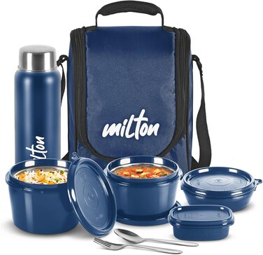 Milton 8-Piece Pro Lunch Box Set With Insulated Bag &amp; Cutlery - Includes 3 Microwave Safe Inner Steel Food Containers (180ml, 320ml, 450ml), 100ml Plastic Box, 750ml Bottle, Office Tiffin - Blue