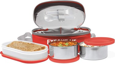 Milton Executive Lunch Insulated Tiffin, 2 Containers, 280 ml each, 1 Container, 500 ml, Red   Microwave Safe   Easy to carry   Leak proof   Stainless Steel &amp; Plastic    Insulated Tiffin   Hot Food