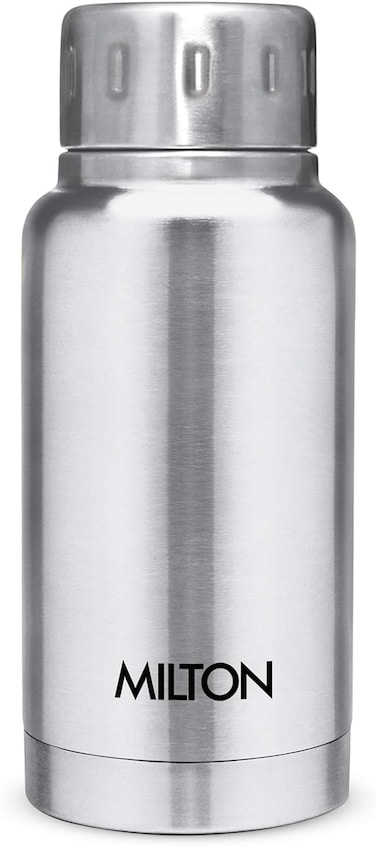 MILTON 160ml Vacuum Insulated Water Bottle, Keeps Drinks Hot and Cold for 24 Hours, 18/8 Stainless Steel, Double-Walled Thermos Flask with Inner Copper Coating for Sports, Travel, Gym, Elfin - Silver