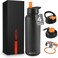 MILTON 1180ml Vacuum Insulated Water Bottle with 4 Lids, Keeps Drinks 12 Hrs Hot &amp; 24 Hrs Cold, 18/8 Stainless Steel, Double-Walled Flask with Inner Copper Coating for Sports, Gym - Flassio - Black