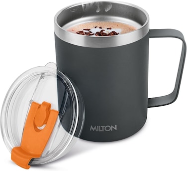 MILTON 400ml Vacuum Insulated Travel Coffee Mug with Straw &amp; Lid, Keeps Drinks Hot &amp; Cold for 10 Hours, 18/8 Stainless Steel Tumbler, Double-Walled Thermos Flask for Tea, Cappuccino - Clifton - Black