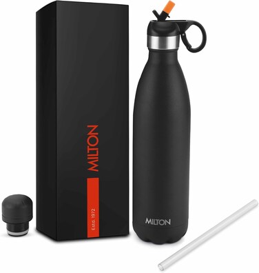 MILTON 750ml Vacuum Insulated Water Bottle with Straw Lid - 2 lids included, Keeps Drinks Hot &amp; Cold, 18/8 Stainless Steel, Double-Walled Flask with Inner Copper Coating - Sports, Gym - Larvik - Black