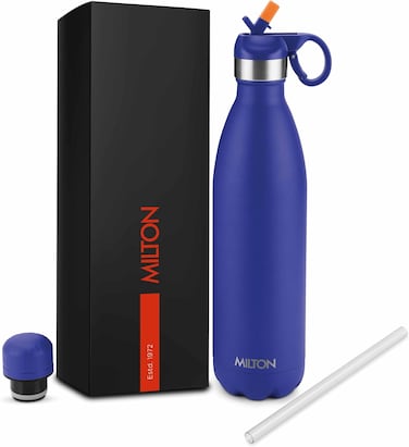 MILTON 750ml Vacuum Insulated Water Bottle with Straw Lid - 2 lids included, Keeps Drinks Hot &amp; Cold, 18/8 Stainless Steel, Double-Walled Flask with Inner Copper Coating - Sports, Gym - Larvik - Blue