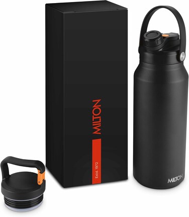 MILTON 1180ml Vacuum Insulated Water Bottle with Straw Lid - 2 lids included, Keeps Drinks Hot and Cold, 18/8 Stainless Steel, Double-Walled Flask with Inner Copper Coating - Sports - Ultrasip - Black