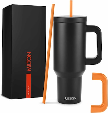 MILTON 1180ml Vacuum Insulated Tumbler with Dual Removable Handle - Includes 2 Straws, Keeps Drinks Hot &amp; Cold, 18/8 Stainless Steel, Double-Walled Flask, Travel Mug for Car, Outdoors - Venus - Black