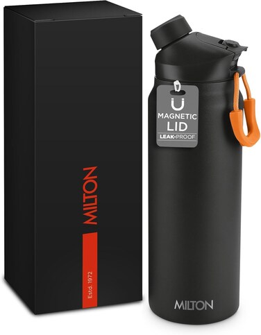 MILTON 940ml Vacuum Insulated Water Bottle with Magnetic Straw Lid, Keeps Drinks 12 Hrs Hot &amp; 24 Hrs Cold, 18/8 Stainless Steel, Double-Walled Flask with Inner Copper Coating for Sports - Turk - Black