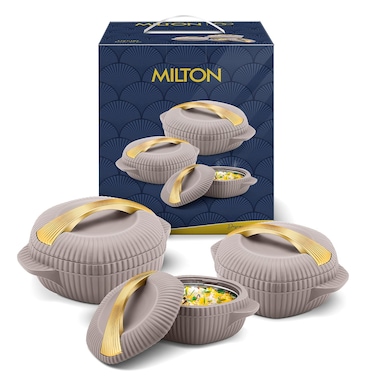 MILTON 3-Piece Casserole Set (455ml, 860ml, 1.27L) Double-Walled Hotpot with PU Insulation &amp; Stainless Steel Inner, Keeps Food Hot/Cold, Perfect for Serving Chapati, Roti - Oyster Jr - Taupe