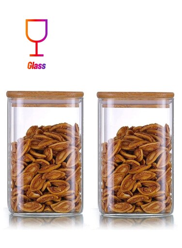 2-Piece Square Glass Storage Jar With Lid Clear/Brown 750ml